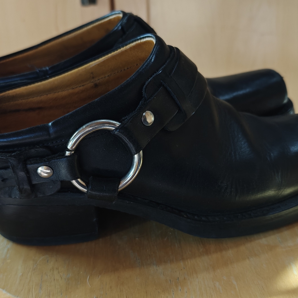 Frye Black Leather Harness Mules with Silver Accents - Picture 4 of 9
